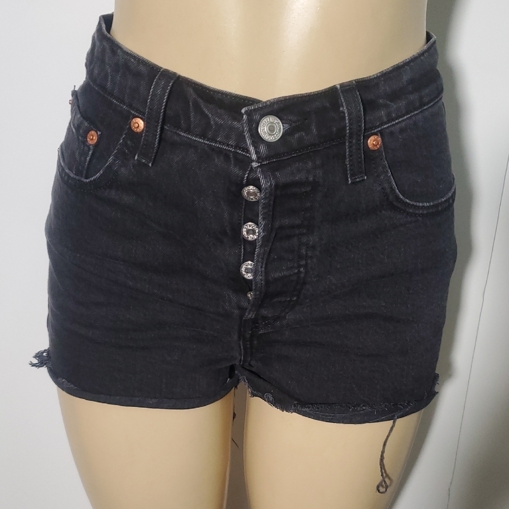 Levi Strauss Shorts Womens Button Fly Black Raw Hem Grunge High Rise Sz 28